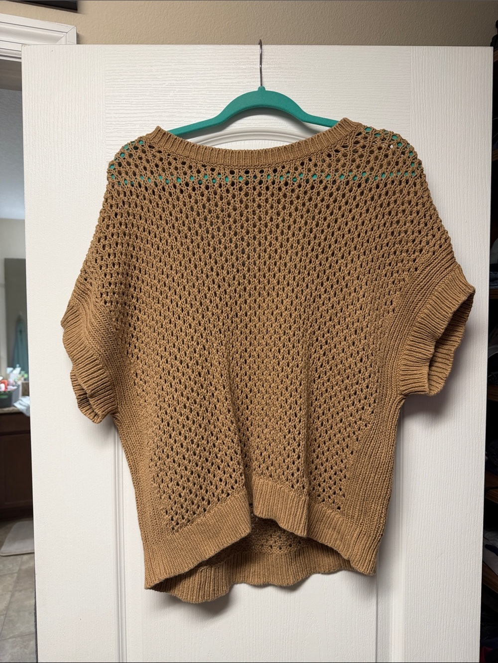 Express Open-Knit Short Sleeve Sweater in Camel